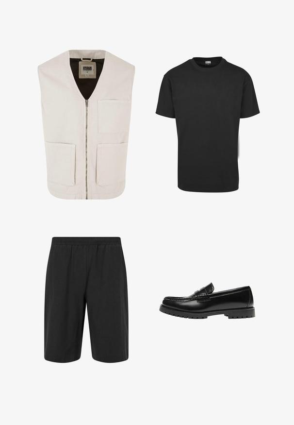 Gilet sans manches beige clair avec un décolleté en V, fermeture éclair sur le devant et deux grandes poches frontales. Fabriqué en coton bio avec une texture lisse.; T-shirt en coton noir à manches courtes, col rond et coupe standard. Le tissu semble lisse et sans décoration.; Shorts noirs avec une taille élastique, une texture lisse, une coupe arrivant aux genoux, sans motifs ni accents supplémentaires.; Mocassin en cuir noir avec une semelle en caoutchouc épaisse et un détail classique de bride à monnaie, vu de côté extérieur.