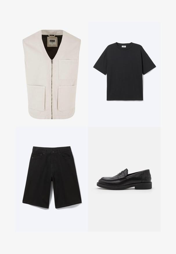 Gilet sans manches beige clair avec un décolleté en V, fermeture éclair sur le devant et deux grandes poches frontales. Fabriqué en coton bio avec une texture lisse.; T-shirt noir à manches courtes avec col rond, coupe décontractée, vue de face, design uni et étiquette de la marque Weekday visible à l’intérieur du col.; Short en jean noir longueur genou avec bouton à l'avant, passants de ceinture et cinq poches, présenté sur fond blanc.; Mocassins en cuir noir avec un bout arrondi, des coutures ton sur ton et un détail de sangle à l'avant. Semelle en caoutchouc avec un petit talon.