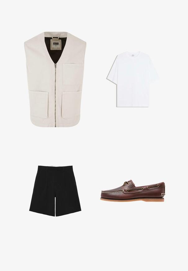 Gilet sans manches beige clair avec un décolleté en V, fermeture éclair sur le devant et deux grandes poches frontales. Fabriqué en coton bio avec une texture lisse.; T-shirt oversize en coton blanc avec un col rond et des manches courtes ; texture lisse, sans motifs ni accents visibles.; Short noir sur mesure avec passants de ceinture, plis devant et poches latérales, posé à plat sur un fond blanc.; Chaussure bateau en cuir marron avec coutures blanches, détails de lacets et semelle en caoutchouc beige, vue de côté sur fond blanc.