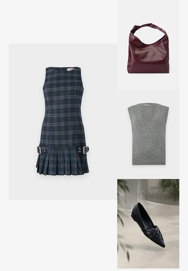 Suéter gris sin mangas en cuello en V, confeccionado en un material suave con una textura lisa y cuello acanalado. Diseño simple, sin patrones ni acentos.; Vestido escocés en cuadros azul marino con acentos en verde y rojo, con cuerpo ajustado, falda plisada y hebillas laterales como detalle.; Bailarina de cuero negro con diseño de tiras trenzadas, punta afilada y acabado brillante. Ligera con un tacón bajo, situada sobre un fondo neutro.; Bolso burdeos con un patrón tejido texturizado, material de cuero suave y un solo asa anudada. Diseño espacioso estilo hobo.