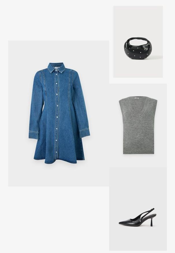Grauer ärmelloser V-Ausschnitt-Pullover aus weichem Material mit glatter Textur und geripptem Ausschnitt. Einfaches Design, ohne Muster oder Akzente.; Blaues Denim-Kleid mit langen Ärmeln, Kragen, Knopfleiste vorne und Nahtdetails, das am Saum leicht ausgestellt ist.; Schwarzer Leder Slingback High Heel Schuh mit spitzer Zehenpartie und schmalem Absatz auf einem weißen Hintergrund.; Schwarze Lederhandtasche mit abgerundeter Form, verziert mit silbernen Nietenakzenten und kurzem Griff. Glatte Struktur und Reißverschlussverschluss.