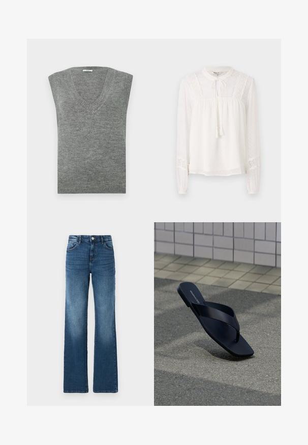 Pull gris sans manches en V, confectionné dans un matériau doux avec une texture lisse et un col côtelé. Design simple, sans motifs ni accents.; Blouse blanche à manches longues avec un col haut, des accents en dentelle et un lien de serrage ; présente des pois texturés sur le tissu.; Jeans en denim bleu avec une coupe droite, cinq poches, un léger décoloration, fermeture par bouton et détails de couture contrastants.; Sandale noire à lanière avec bout carré et nom de la marque sur la semelle, positionnée debout sur un pavement texturé près d’un mur carrelé.