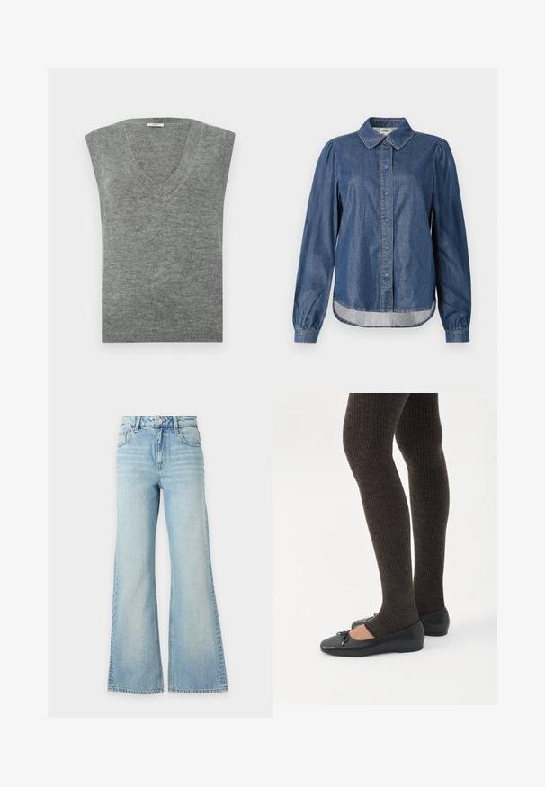Grijze mouwloze V-hals trui vervaardigd uit zacht materiaal met een gladde textuur en geribbelde halslijn. Eenvoudig ontwerp, geen patronen of accenten.; Donkerblauwe denimshirt met een kraaglijn, knoopsluiting aan de voorkant, lange pofmouwen en een afgeronde zoom, met contrasterende stiksels.; Lichtblauwe spijkerbroek met hoge taille en wijde pijpen, met voor- en achterzakken en knoopsluiting.; Benen met donkere geribbelde leggings gecombineerd met zwarte ballerina's met kleine strikdetails op een witte achtergrond.