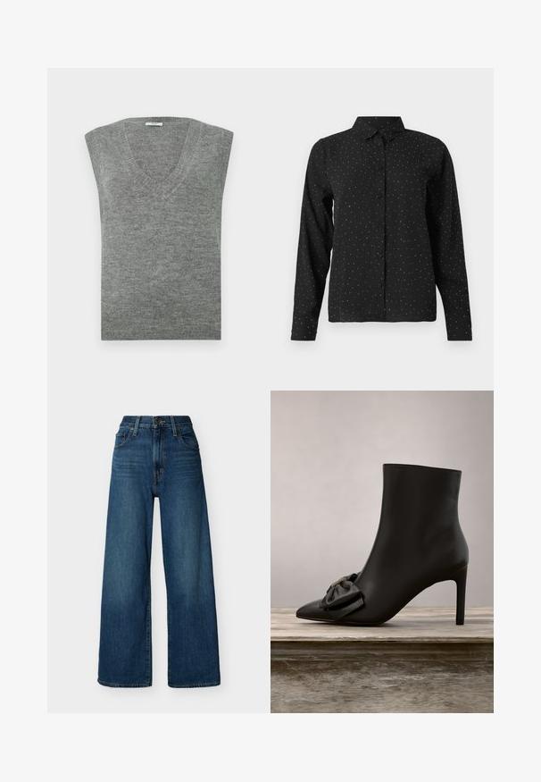 Suéter gris sin mangas en cuello en V, confeccionado en un material suave con una textura lisa y cuello acanalado. Diseño simple, sin patrones ni acentos.; Camisa negra de manga larga con botones y pequeños lunares blancos, con un cuello clásico, exhibida sobre un fondo blanco.; Vaqueros azules de mezclilla de tiro alto y pierna ancha con cierre de botón y cremallera frontal, trabillas para cinturón y bolsillos delanteros sobre un fondo liso.; Botín de cuero negro hasta el tobillo con punta afilada, tacón alto de aguja y un prominente lazo negro con acento amarillo en la parte delantera, colocado sobre una superficie de madera.