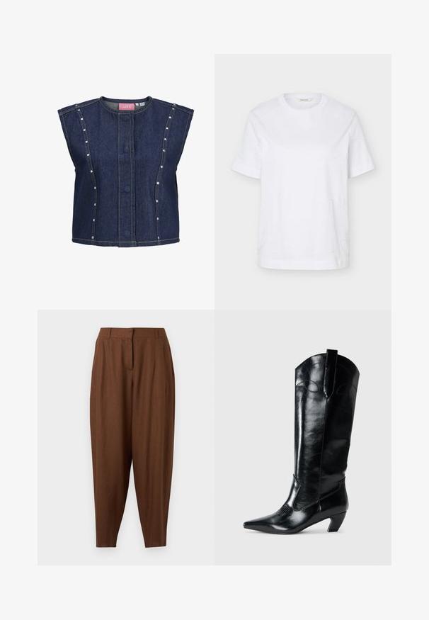 Chaleco sin mangas de mezclilla azul oscuro con escote redondo, botones frontales ocultos, detalles de costuras verticales y pequeños remaches plateados a lo largo de los paneles laterales.; Camiseta blanca de manga corta con cuello redondo, con un sutil patrón de ondas cosidas y una pequeña etiqueta beige dentro del cuello.; Pantalones marrones de cintura alta con pinzas, trabillas para cinturón y cierre frontal con cremallera, mostrados sobre un fondo blanco.; Botas de cuero negras hasta la rodilla con punta afilada, tacón bajo y detalle de costura decorativa en los laterales. Acabado suave y brillante.