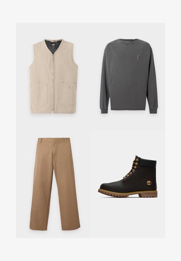 Veste de travail sans manches beige avec fermeture éclair frontale, deux grandes poches avant et doublure intérieure noire.; Chemise à manches longues en coton gris foncé. Elle comporte un col rond, des poignets élastiques et un petit patch logo carré sur la poitrine gauche.; Pantalon beige à jambes larges avec passants pour ceinture, bouton sur le devant et fermeture éclair, présenté sur un fond clair uni.; Bottine noire en cuir avec œillets dorés, accents marron et semelle en caoutchouc. Comprend un col rembourré et un logo estampé sur le côté.