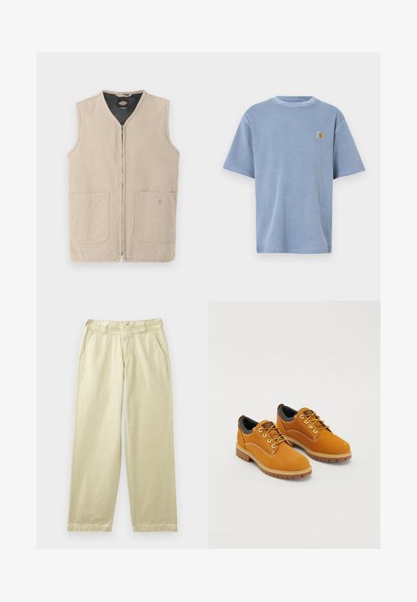 Veste de travail sans manches beige avec fermeture éclair frontale, deux grandes poches avant et doublure intérieure noire.; T-shirt bleu clair à manches courtes avec un motif côtelé texturé et un patch logo brodé sur la poitrine gauche. Encolure ronde.; Pantalon en coton beige à coupe décontractée, avec poches latérales, passants pour ceinture et jambes droites. Texture lisse avec des détails de couture minimaux.; Chaussures en daim marron avec un bout rond, des lacets jaunes, un col rembourré noir et des semelles en caoutchouc avec des rainures de traction.