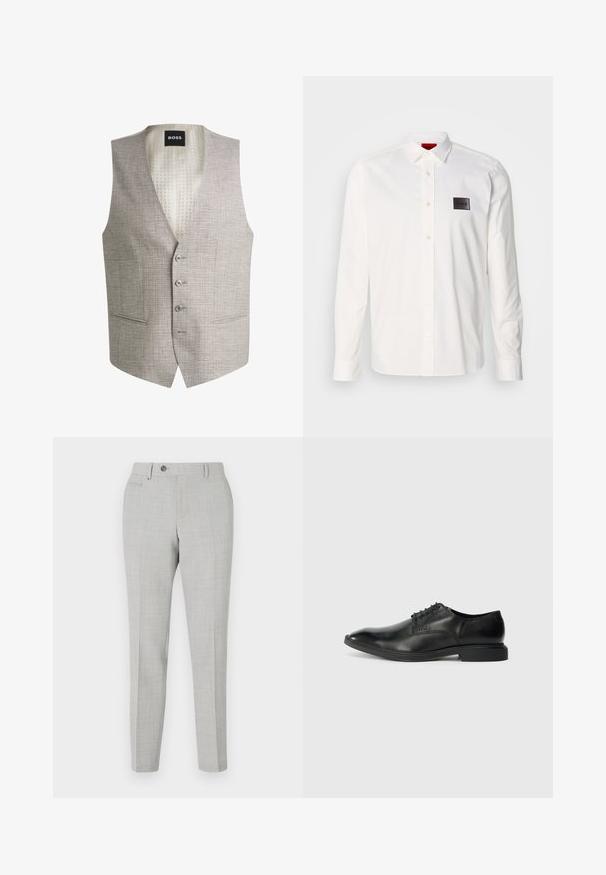 Chaleco gris claro con tejido texturizado, diseño de cuello en V, cinco botones y dos bolsillos frontales; forrado con un patrón crema que presenta "BOSS."; Camisa blanca de manga larga hecha de algodón, con cuello abotonado, tapeta frontal y un parche de logo negro en el pecho izquierdo.; Pantalones grises a medida con un sutil patrón de cuadros, fabricados en una tela ligera. Cuentan con un cierre de botón y bolsillos laterales. Silueta ajustada.; Zapato de vestir negro de cuero con una textura suave, punta afilada, diseño de cordones con seis ojales y un tacón rectangular bajo. Detalle de marca sutil en el lateral.