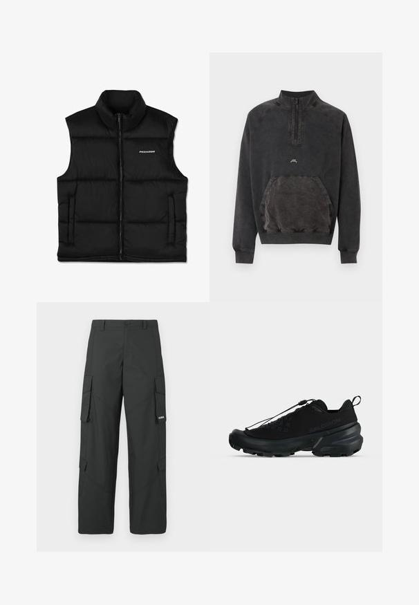 Schwarze, gepolsterte Weste mit hohem Kragen, vorderem Reißverschluss und Seitentaschen. Sie hat eine glatte Textur und ein Logo auf der oberen linken Seite.; Schwarzes Sweatshirt mit halbem Reißverschluss, Kängurutasche, gerippten Bündchen und Saum sowie kleinem "A C W" Logo auf der Brust.; Schwarze gerade Cargo-Hosen mit seitlichen Klappentaschen, Druckknopfverschluss, Gürtelschlaufen und kleinem weißen Logo auf der Klappentasche rechts.; Schwarzer, niedriger Salomon-Sneaker mit robuster Sohle, Schnellzug-Schnürsystem und dezentem Markenlogo an der Seite.