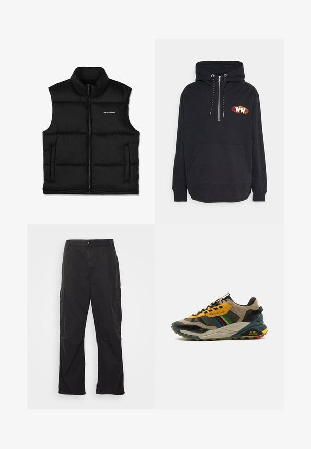 Zwarte gewatteerde vest met een hoge kraag, een rits aan de voorkant en zijzakken. Heeft een gladde textuur en een logo op de bovenste linkerzijde.; WOOD WOOD CASPER HALF ZIP - Sweater - black; Zwarte cargobroek met een rechte pijpontwerp, voorzien van twee zijzakken, een knoopsluiting en een gestructureerde stof.; Multikleurige sneakers met een mix van suède en mesh materialen, in een geel en zwart kleurenschema, met textuurzolen en zijaccenten.