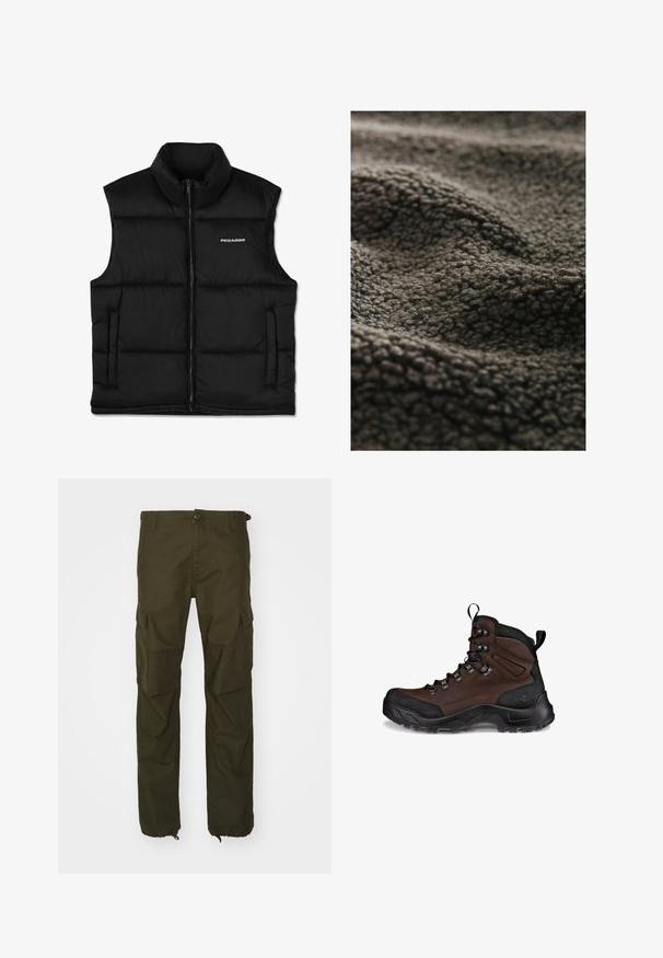 Zwarte gewatteerde vest met een hoge kraag, een rits aan de voorkant en zijzakken. Heeft een gladde textuur en een logo op de bovenste linkerzijde.; Donkergrijs gestructureerd stof met een zachte, donzige oppervlakte, voorzien van een golvend patroon en een luxe uitstraling, geschikt voor warmte en comfort.; Olijfgroene cargobroek van duurzaam materiaal, met een knoopsluiting, meerdere zijzakken en elastische boorden bij de enkels.; Bruine wandelschoen met een textuurleder bovenwerk, zwart rubberen neuskap, versterkte ogen en een robuuste buitenzool voor grip.