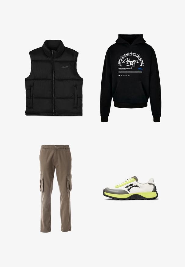 Schwarze, gepolsterte Weste mit hohem Kragen, vorderem Reißverschluss und Seitentaschen. Sie hat eine glatte Textur und ein Logo auf der oberen linken Seite.; Schwarzer Kapuzenpullover mit Fronttasche. Ausgestattet mit fettem weißen Text und Grafikdesign. Hergestellt aus weichem Material, mit gerippten Bündchen und Saumabschlüssen.; Cargo-Hosen in einem khakifarbenen Ton, mit einem elastischen Bund, Knopfverschluss und zwei seitlichen Cargo-Taschen mit Klappe. Hergestellt aus strapazierfähigem Stoff.; Die Sneakers verfügen über ein weißes Obermaterial aus Canvas, graue Gummielemente, neongrüne Schnürsenkel, ein auffälliges Logo und eine strukturierte schwarze Sohle für besseren Grip.