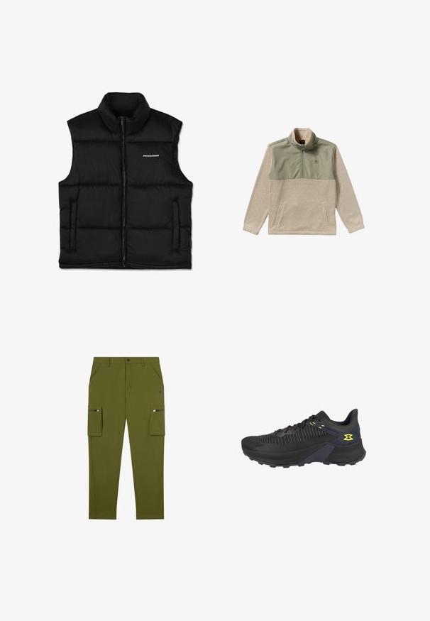 Zwarte gewatteerde vest met een hoge kraag, een rits aan de voorkant en zijzakken. Heeft een gladde textuur en een logo op de bovenste linkerzijde.; Fleece pullover in beige en olijfgroen, met een half-zip ontwerp, hoge kraag en twee zijzakken. Glad oppervlak op het bovenste paneel.; Olijf groene cargobroek met een rechte pasvorm, gemaakt van lichtgewicht stof; heeft zijzakken met ritsen en schuine voorkzakken.; Zwarte sportieve schoen met dikke zool, bovenwerk van gaas met krijtstrepen, zwarte veters en geel logo en accenten aan de zijkant en hiel.