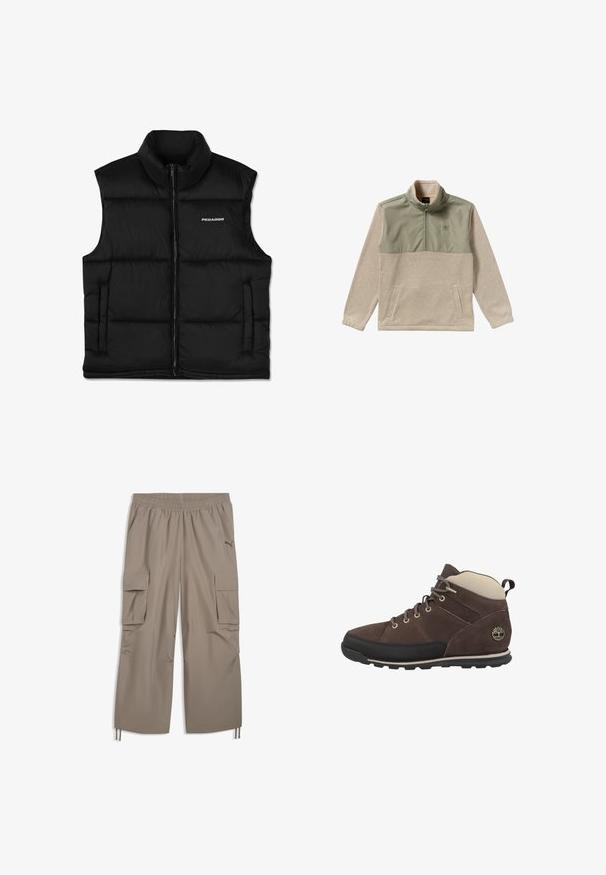 Zwarte gewatteerde vest met een hoge kraag, een rits aan de voorkant en zijzakken. Heeft een gladde textuur en een logo op de bovenste linkerzijde.; Fleece pullover in beige en olijfgroen, met een half-zip ontwerp, hoge kraag en twee zijzakken. Glad oppervlak op het bovenste paneel.; Lichtbruine cargobroek met elastische tailleband, zijflapzakken, trekkoorden bij de boorden en een klein Puma-logo op de rechterdij.; Halflange wandelschoenen met een bovenwerk van bruin leer en textiel, zwarte rubberen zool, grijze veters en een logo-embleem op de hak.