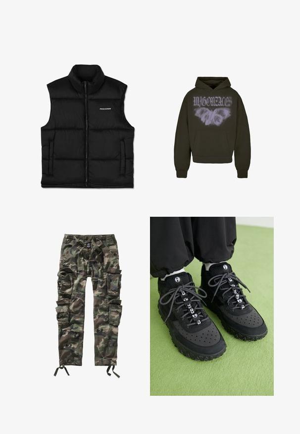 Schwarze, gepolsterte Weste mit hohem Kragen, vorderem Reißverschluss und Seitentaschen. Sie hat eine glatte Textur und ein Logo auf der oberen linken Seite.; Dunkelgrüner Hoodie mit Fronttasche, der ein weißes Schmetterlingsmotiv und den Text "MYGONAZE" zeigt. Hergestellt aus weichem Stoff, mit gerippten Bündchen.; Tarnfarben Cargo-Hosen in verschiedenen Grüntönen und Brauntönen. Verfügt über mehrere große Taschen, einen Kordelzugbund und ein entspanntes Design.; Schwarze Sneaker bestehen aus einer Kombination von Leder und Mesh-Materialien, haben eine strukturierte Gummisohle, auffällige Perforationen und gemusterte Schnürsenkel mit numerischen Akzenten.