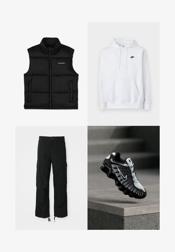 Schwarze, gepolsterte Weste mit hohem Kragen, vorderem Reißverschluss und Seitentaschen. Sie hat eine glatte Textur und ein Logo auf der oberen linken Seite.; Weißes Kapuzen-Sweatshirt mit Kängurutasche vorne, Kordelzug an der Kapuze und kleinem schwarzen Nike-Logo auf der linken Brust.; Schwarze Cargo-Hosen aus strapazierfähigem Material, mit zwei Seitentaschen, einem Knopfverschluss und verstellbaren Säumen für eine lockere, relaxten Passform.; Schwarz-weißes Nike-Laufschuh, der über einer Betonoberfläche mit einem gestuften Stein-Hintergrund schwebt.