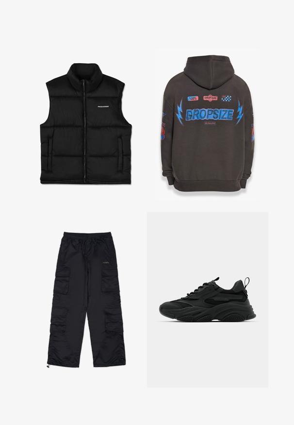 Schwarze, gepolsterte Weste mit hohem Kragen, vorderem Reißverschluss und Seitentaschen. Sie hat eine glatte Textur und ein Logo auf der oberen linken Seite.; Dunkelgrauer Hoodie mit großem blauen "DROPSIZE"-Text und bunten Grafiken. Mit Kapuze, gerippten Bündchen und verschiedenen aufgedruckten Patches.; Schwarze Cargo-Hosen mit einem elastischen Bund, mehreren Seitentaschen und Reißverschlussabschlüssen. Aus glattem, leichtem Material gefertigt.; Schwarze Sportschuhe mit einer dicken Sohle, Mesh-Einsätzen und Gummidetails. Verfügen über eine Zuglasche an der Ferse und strukturierte Muster.