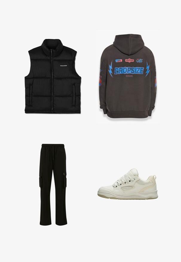 Schwarze, gepolsterte Weste mit hohem Kragen, vorderem Reißverschluss und Seitentaschen. Sie hat eine glatte Textur und ein Logo auf der oberen linken Seite.; Dunkelgrauer Hoodie mit großem blauen "DROPSIZE"-Text und bunten Grafiken. Mit Kapuze, gerippten Bündchen und verschiedenen aufgedruckten Patches.; Schwarze Cargo-Hosen aus einem weichen Stoff, mit elastischem Bund, Kordelzug und mehreren Seitentaschen zur Aufbewahrung.; Weißer Sneaker mit niedrigem Schaft, dicken weißen Schnürsenkeln, Mesh-Seitenteilen, strukturierter Sohle und Zuglasche an der Ferse vor weißem Hintergrund.