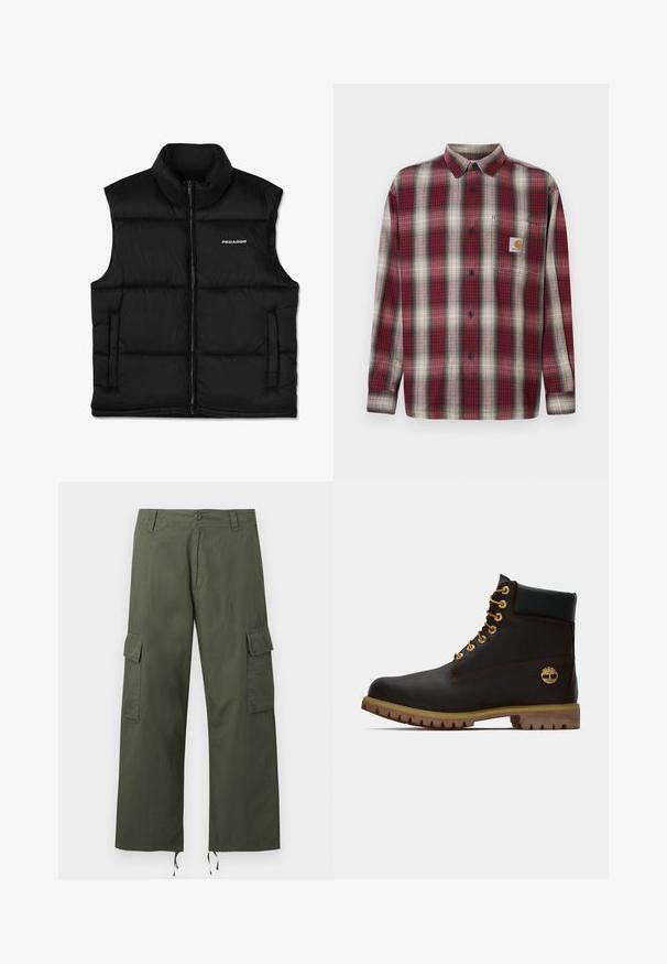 Zwarte gewatteerde vest met een hoge kraag, een rits aan de voorkant en zijzakken. Heeft een gladde textuur en een logo op de bovenste linkerzijde.; Rode en grijze geruite flanellen shirt met een button-down kraag, lange mouwen en een borstzak met een logo label. Geweven textuur.; Olijfgroene cargobroek met zijflapzakken, knoopsluiting, riemlussen en verstelbare trekkoorden aan de brede pijpzomen.; Zwarte leren enkellaars met gouden oogjes, bruine accenten en een rubberen zool. Heeft een gevoerde kraag en geperst logo aan de zijkant.