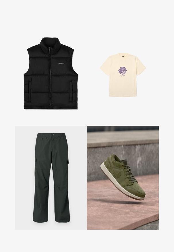 Schwarze, gepolsterte Weste mit hohem Kragen, vorderem Reißverschluss und Seitentaschen. Sie hat eine glatte Textur und ein Logo auf der oberen linken Seite.; Cremefarbenes T-Shirt mit kurzen Ärmeln, violettem "WOODBIRD"-Text, Logo und der Aufschrift "Hongkong > Dänemark 1994 / 2010" auf der vorderen Mitte.; Dunkelgrüne Cargo-Hosen mit einem lockeren Schnitt, elastischem Bund, gesteppten Taschen und einer glatten, leichten Stofftextur.; Olivgrüner Wildleder- und Ledersneaker mit Nike-Logo, mitten in der Luft über einer Steinfläche und Stufen im Außenbereich.