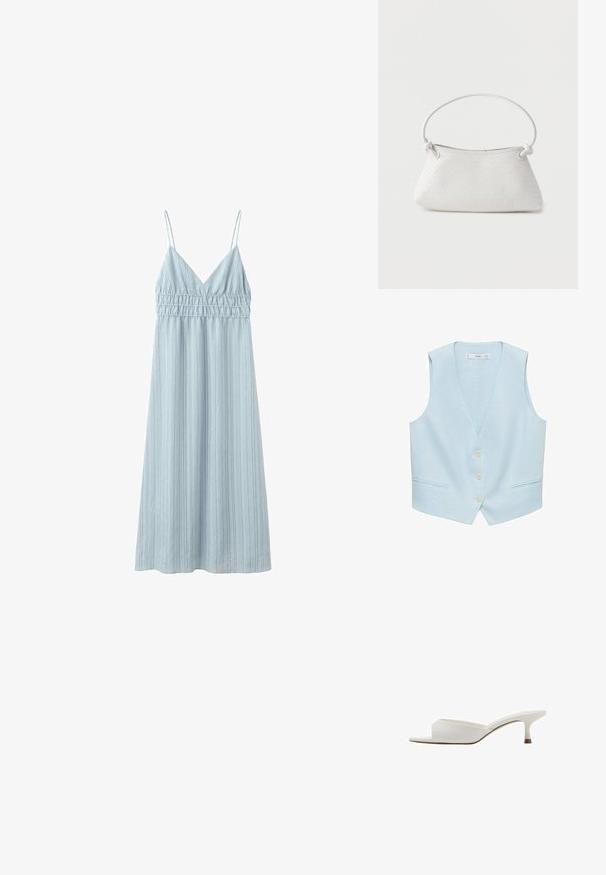 Lysblå vest lavet af linned, med V-hals, frontknapper og to sidelommer. Uden ærmer, glat tekstur, minimalistisk design.; Lyseblå ærmeløs midikjole med tynde stropper, V-udskæring, indsnævret talje og diskrete lodrette striber.; Hvid mule med åben tå, lav kitten-hæl og glat læderoverdel, vist i profil mod en hvid baggrund.; Hvid fletlæderhåndtaske med afrundet håndtag og ender på remmen, der er knyttet, vist mod en ensfarvet baggrund.