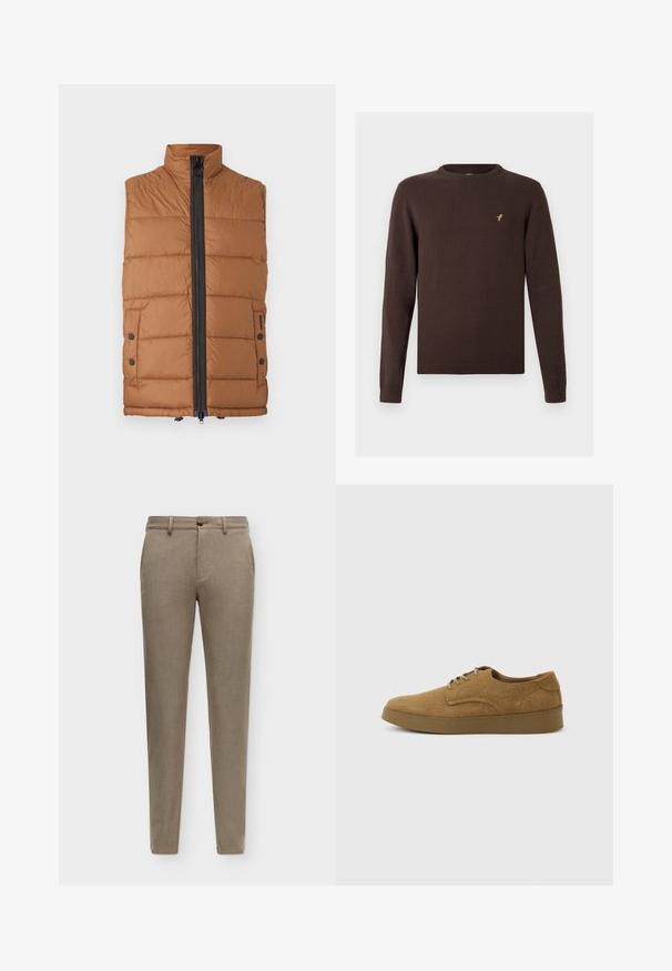 Veste matelassée marron avec un col montant, une fermeture éclair intégrale à l'avant et des détails à boutons-pression sur les poches. Tissu lisse et léger.; Pull marron tricoté à manches longues, col rond et ourlets côtelés. Présente un petit logo d'oiseau doré sur la poitrine.; Pantalon beige coupe slim avec passants de ceinture, bouton à l'avant et poches latérales, présenté sur un fond uni.; Chaussure décontractée à lacets en daim marron avec semelle en caoutchouc plate, vue de côté sur un fond clair uni.