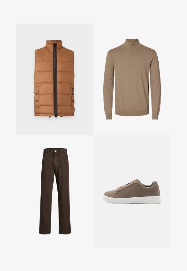 Veste matelassée marron avec un col montant, une fermeture éclair intégrale à l'avant et des détails à boutons-pression sur les poches. Tissu lisse et léger.; Pull en maille marron à manches longues avec un col montant et une courte fermeture éclair à l'avant, poignets et ourlet côtelés.; Pantalons en coton marron avec une jambe droite, poches avant et fermeture à bouton métallique. Présente une texture lisse et un design minimaliste.; Baskets en daim marron avec des semelles en caoutchouc blanc plat, design lacé, bout rond et texture lisse. Style minimaliste avec des détails de couture subtils.