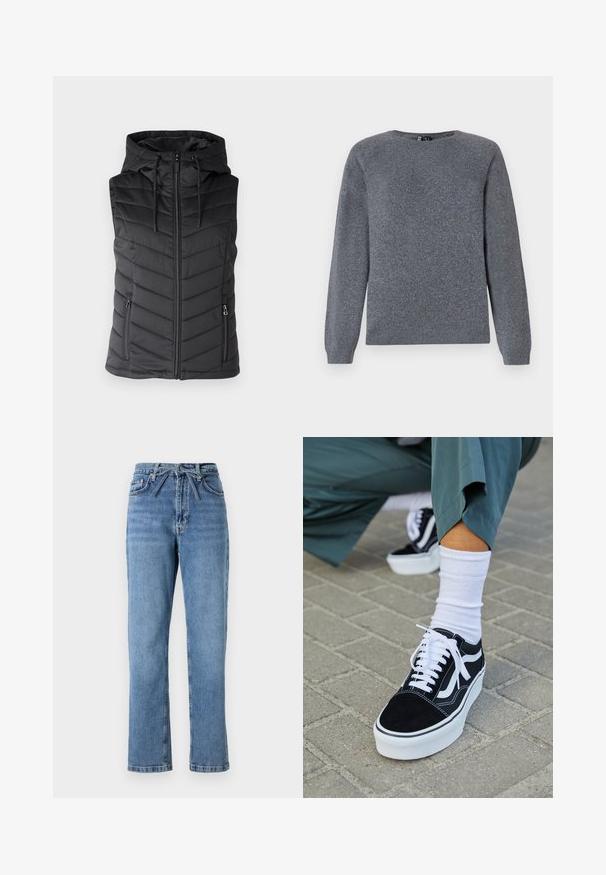Sort polstret vest med hætte, der har lynlåslukning foran, chevron-quiltet mønster og to sidelommer med lynlås. Glat tekstur.; Pieces PCBREE O NECK - Striktrøje - dark grey melange; Lyseblå denimjeans med lige pasform, høj talje, der har en frontsløjfe og klassisk fem-lomme design. Struktureret overflade med subtile falmninger.; Sorte ruskinds sneakers med hvide accenter og snørebånd, der har en tyk hvid sål og kontrasterende syninger, parret med en hvid sok.