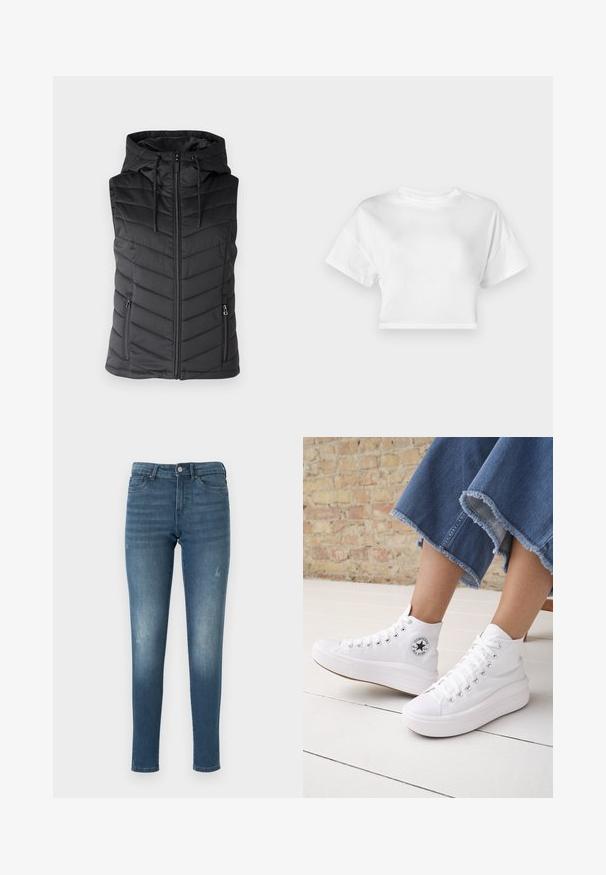Sort polstret vest med hætte, der har lynlåslukning foran, chevron-quiltet mønster og to sidelommer med lynlås. Glat tekstur.; Hvid cropped t-shirt lavet af bomuld. Korte ærmer, rund halsudskæring, glat tekstur, afslappet design uden mønstre eller pynt.; Blå denimjeans med slim fit, med slidte områder, fem lommer og knaplukning. Stoffet har en glat, let slidt tekstur.; Person iført hvide høje Converse-sneakers med tykke såler og beskårne blå jeans med flossede kanter mod en murstensvæg og hvidt gulv.