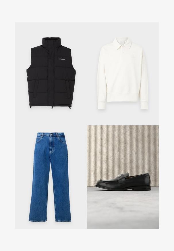 Čierna páperová vesta s vysokým golierom, obsahujúca dve bočné vrecká a predný zips. Zobrazuje logo "GUESS JEANS" v bielej farbe.; Biely pulóverový polokošeľa s golierom, s jemne vyšívaným logom na ľavej strane hrudníka, vyrobený z jemnej látky s mierne textúrovaným povrchom.; Modré džíny s vysokým pásom, širokými nohavicami, predným zapínaním na gombík a zips, pútkami na opasok a piatimi vreckami.; Čierny kožený loafer s kovovou značkovou platničkou ležiaci pri hnedom okrúhlom stole na béžovej koberci.