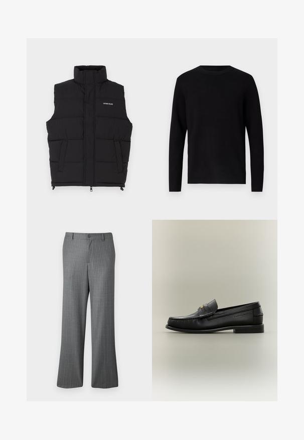 Chaleco acolchado negro con cuello alto, que cuenta con dos bolsillos laterales y cierre frontal de cremallera. Muestra el logo "GUESS JEANS" en blanco.; Suéter negro de punto con cuello redondo y mangas largas. Textura suave y color sólido, sin patrones ni acentos visibles.; Pantalones de rayas grises con un ajuste relajado, que presentan un cierre de botón, pasadores para cinturón y sutiles rayas azul claro en toda su superficie.; Mocasín negro de cuero sin cordones con tacón bajo, detalle de hebilla dorada y nombre de la marca en relieve en el lateral sobre un fondo neutro.
