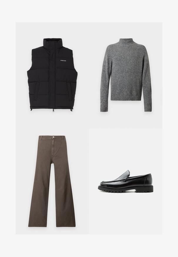 Chaleco acolchado negro con cuello alto, que cuenta con dos bolsillos laterales y cierre frontal de cremallera. Muestra el logo "GUESS JEANS" en blanco.; Suéter de punto gris jaspeado con cuello alto, mangas largas y puños y dobladillo acanalados.; Pantalones de pierna ancha marrones con cintura alta, cierre de botón, asegurar cinturón y detalles de costura visibles en las piernas.; Mocasín de cuero negro con suela de goma gruesa, empeine cosido y nombre de la marca en relieve en el talón, mostrado en perfil lateral sobre fondo blanco.