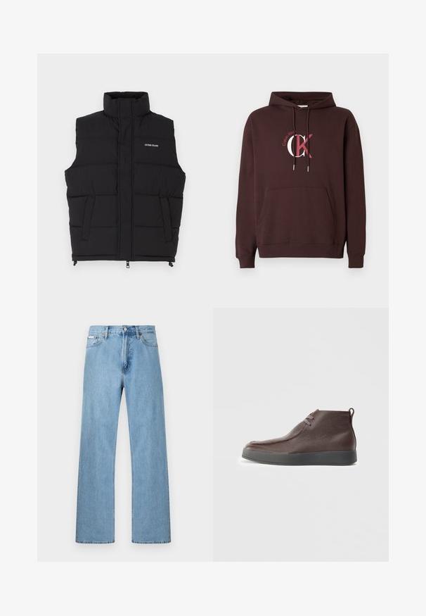 Chaleco acolchado negro con cuello alto, que cuenta con dos bolsillos laterales y cierre frontal de cremallera. Muestra el logo "GUESS JEANS" en blanco.; Sudadera marrón con capucha, bolsillo delantero tipo canguro y logo Calvin Klein CK en rosa y blanco en el pecho, con capucha ajustable con cordón.; Vaqueros de mezclilla azul claro de pierna recta con diseño de cinco bolsillos y cierre de botón en la cintura, exhibidos sobre un fondo simple.; Botas de cuero marrón hasta el tobillo con una superficie texturizada, punta redondeada suave y suela de goma gris, que presentan dos ojales para los cordones.