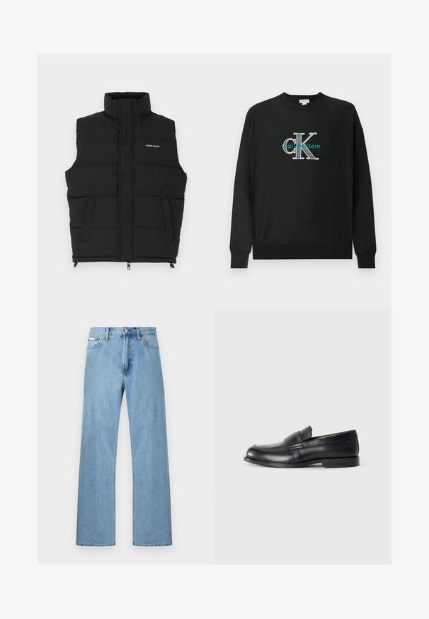 Chaleco acolchado negro con cuello alto, que cuenta con dos bolsillos laterales y cierre frontal de cremallera. Muestra el logo "GUESS JEANS" en blanco.; Sudadera negra de algodón, con cuello redondo, mangas largas y un logo gráfico "CK" en blanco y verde azulado en el pecho.; Vaqueros de mezclilla azul claro de pierna recta con diseño de cinco bolsillos y cierre de botón en la cintura, exhibidos sobre un fondo simple.; Mocasines de cuero negro con punta redondeada, detalles cosidos y suela plana de goma. Presentan una banda ancha sobre el empeine.