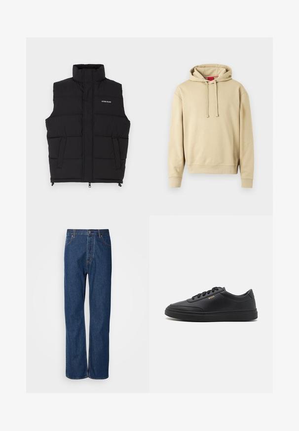 Sort puffer vest med høj krave, der har to sidelommer og en frontlynlås. Viser "GUESS JEANS" logoet i hvid.; Beige hættetrøje med snoretræk og ribbede manchetter, der har et lille logo på brystet og et rød mærke inden i kraven.; Blå denim jeans med lige ben, der har en knaplukning, fem lommer og kontraststikninger langs sømmene.; Sorte lædersneakers med en glat overflade, rund tå, flad gummisål og tonede snørebånd. Udstyret med guld "BOSS" branding på siden.