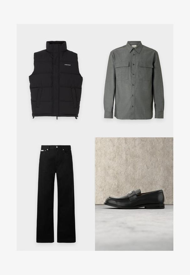 Sort puffer vest med høj krave, der har to sidelommer og en frontlynlås. Viser "GUESS JEANS" logoet i hvid.; Grå skjorte med knapper foran, har en struktureret krave, to brystlommer og lange ærmer med knaplukning ved manchetterne; tekstureret stof.; Sorte denimbukser med bred ben-design, der har fem lommer og metallisk knapdetalje. Glat tekstur, uden synlige mønstre.; Sort læderloafer med metalbrandskilt hvilende nær et brunt rundt bord på beige tæppe.