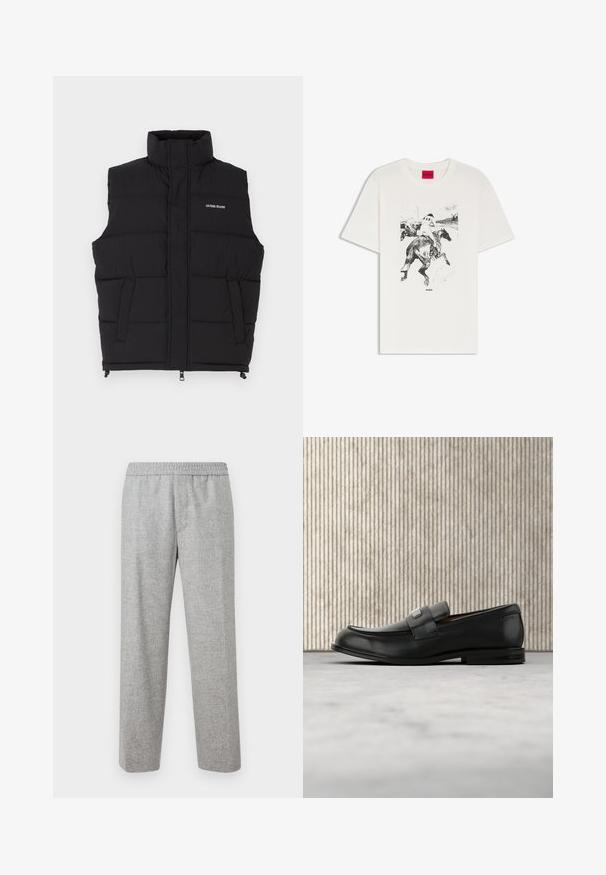 Must värvitu puffvest kõrge kaelusega, millel on kaks küljetaskut ja eesne lukuga kinni. Kuvab valget "GUESS JEANS" logo.; Valge T-särk musta visandiga, kus kaks jockeyt ratsutavad hobustel võidusõidus, allpool graafikat on "HUGO" logo ja krae sees punane silt.; Hele hallid, tekstureeritud riidest püksid painduva vöökohtaga. Otse jalgade disain, ei mingit nähtavat taskut või riistvara detaile.; Mustast nahast loafer metallist brändiplaadiga, mis asub pruunist ümarast lauast lähedal beežil vaibaga kaetud põrandal.