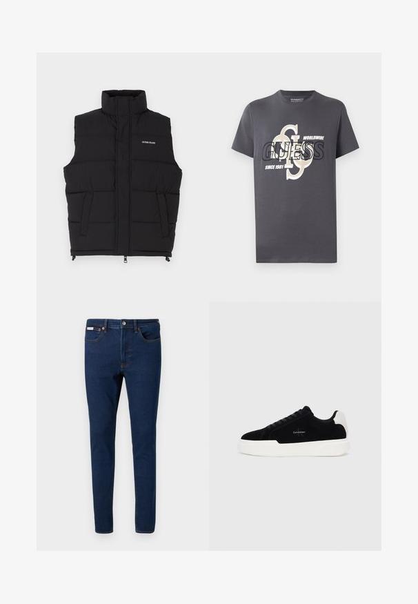Zwarte puffer vest met hoge kraag, voorzien van twee zijzakken en een ritssluiting aan de voorkant. Toont het "GUESS JEANS" logo in het wit.; Grijze katoenen t-shirt met korte mouwen, voorzien van een grote graphic print in zwart en beige, inclusief de teksten "GUESS," "WORLDWIDE," en "SINCE 1981."; Slim-fit donkerblauwe spijkerbroek met vijf zakken, voorste knoop en riemlussen, plat gelegd op een witte achtergrond.; Zwarte lage sneaker met witte zool en hielstrip, vetersluiting aan de voorkant en Calvin Klein-logo op de zijkant.