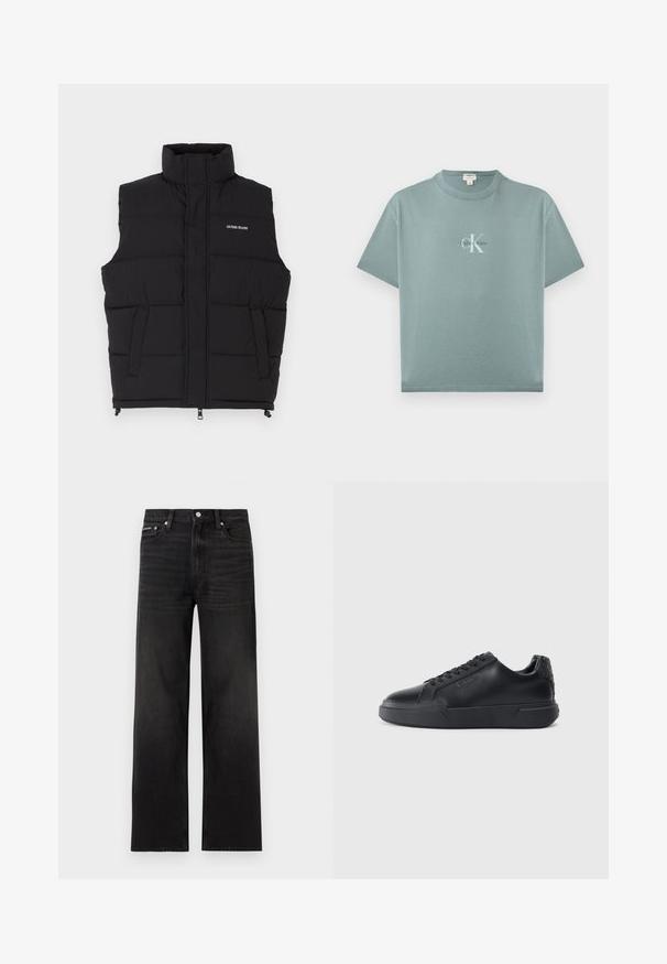 Chaleco acolchado negro con cuello alto, que cuenta con dos bolsillos laterales y cierre frontal de cremallera. Muestra el logo "GUESS JEANS" en blanco.; Camiseta de manga corta color verde azulado claro con cuello redondo y logo de Calvin Klein centrado en texto blanco y negro en el frente.; Jeans negros de pierna recta con diseño de cinco bolsillos, presillas para cinturón y cierre de botón, mostrados sobre un fondo blanco.; Zapatillas negras con parte superior de piel lisa, punta redondeada, cierre con cordones, detalle texturizado en el talón y suela de goma gruesa.