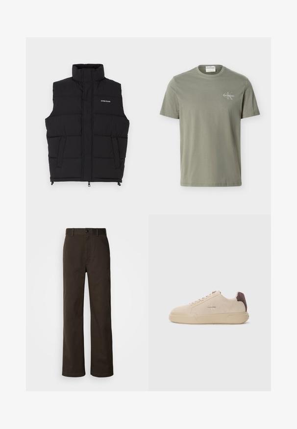 Chaleco acolchado negro con cuello alto, que cuenta con dos bolsillos laterales y cierre frontal de cremallera. Muestra el logo "GUESS JEANS" en blanco.; Camiseta de manga corta y cuello redondo en verde oliva claro con pequeño logo blanco de Calvin Klein en el pecho izquierdo.; Pantalones de algodón marrón con un diseño de pierna recta, que cuentan con un cierre de botón, lazos para cinturón y detalles de costura mínimos.; Zapatilla de ante beige con punta redondeada, cordones en la parte frontal y un acento de ante marrón en el talón. Cuenta con una suela de goma texturizada.