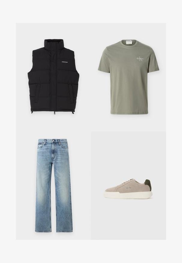 Chaleco acolchado negro con cuello alto, que cuenta con dos bolsillos laterales y cierre frontal de cremallera. Muestra el logo "GUESS JEANS" en blanco.; Camiseta de manga corta y cuello redondo en verde oliva claro con pequeño logo blanco de Calvin Klein en el pecho izquierdo.; Vaqueros de mezclilla azul claro de corte recto con cintura alta, cinco bolsillos, cierre de botón y sutil desgaste en los muslos y las rodillas.; Zapatillas de piel de ante beige con suela de goma blanca, que presentan un acento en el talón de color verde oscuro y un sutil logo en el lateral.