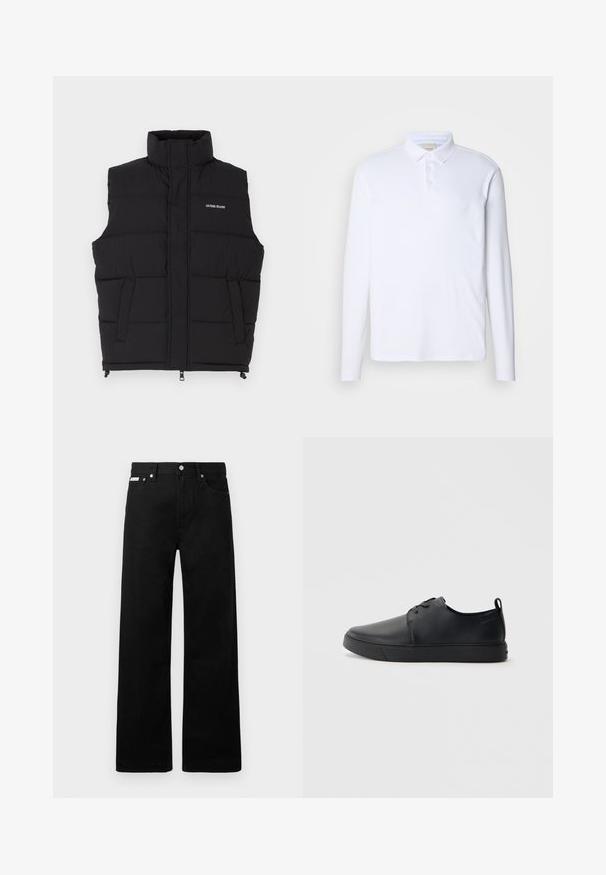 Chaleco acolchado negro con cuello alto, que cuenta con dos bolsillos laterales y cierre frontal de cremallera. Muestra el logo "GUESS JEANS" en blanco.; Camisa polo blanca de manga larga hecha de una tela suave, con un cuello clásico, una tapeta de tres botones y un sutil logo en el pecho.; Pantalones de mezclilla negros con un diseño de pierna ancha, que cuentan con cinco bolsillos y herrajes de botón metálico. Textura suave, sin patrones visibles.; Zapatilla negra de cuero con acabado suave, punta redondeada, costuras a tono, cordones en la parte delantera y suela de goma plana. Asa en el talón.