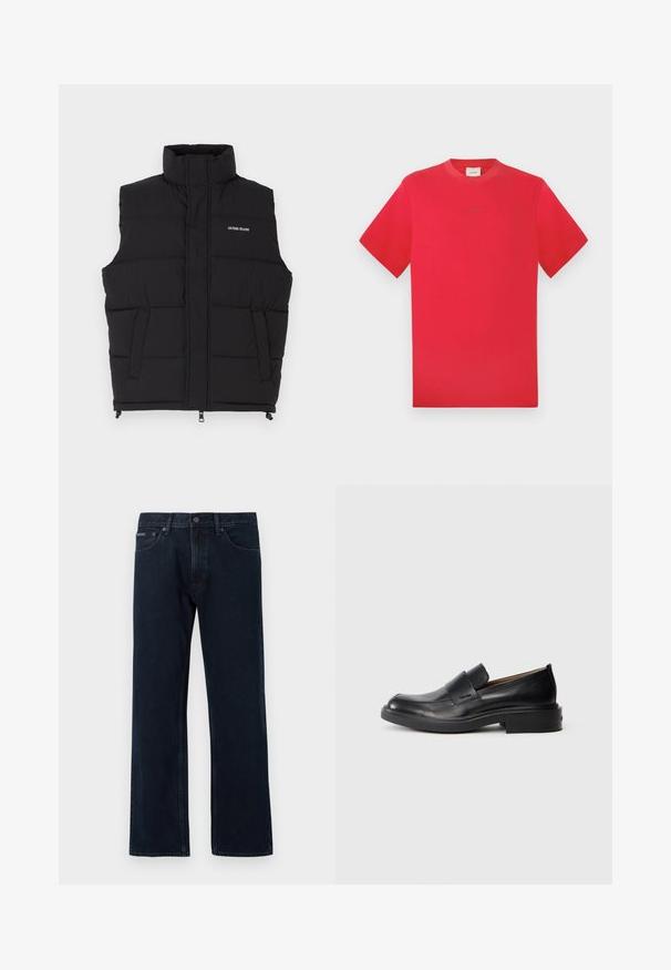 Chaleco acolchado negro con cuello alto, que cuenta con dos bolsillos laterales y cierre frontal de cremallera. Muestra el logo "GUESS JEANS" en blanco.; Camiseta de cuello redondo roja hecha de algodón. Mangas cortas, color sólido con un sutil logo en el centro. Textura suave y corte clásico.; Vaqueros de pierna recta azul oscuro con cierre frontal de botón y cremallera, bolsillos delanteros y trabillas para cinturón.; Zapato de vestir negro de cuero sin cordones con tacón bajo y un sutil logo de Calvin Klein en el lateral, mostrado en perfil sobre un fondo blanco.