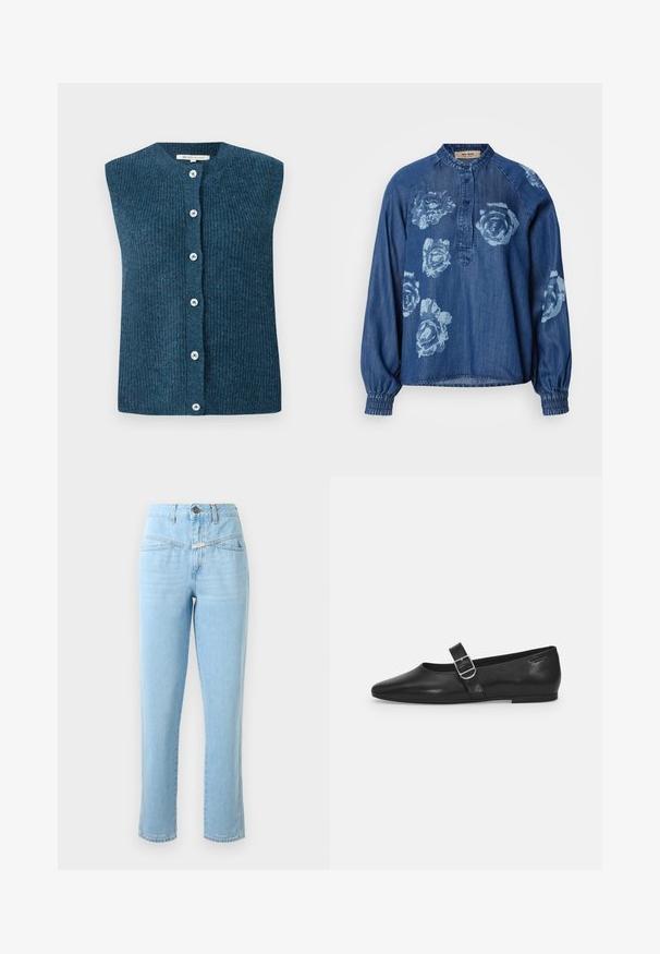 TOM TAILOR DENIM SOFT VEST - Vest - dark sea petrol; Denimskjorte i mørkeblå med afslappet pasform. Har blomsterprint i lyseblå, knaplukning og elastiske manchetter for en samlet effekt.; Højtaljede lyseblå denimjeans med frontlommer, knap- og lynlåslukning samt lige ben.; Sorte læder flade sko med rund tå, et enkelt justerbart spænde og en glat, blank overflade. Minimalistisk design med en lav hæl.