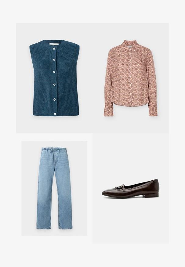 TOM TAILOR DENIM SOFT VEST - Vest - dark sea petrol; Pikakäise nööpidega särk geomeetrilise mustriga pruunide, beežide ja helelilla toonides, krae ja mansettidega.; Hele sinised teksapüksid laiade säärte, elastse vöökohaga ja nööriga, esitatud lahti põhival taustal.; Tumepruun läikiva pinnaga Mary Jane madala kontsaga nahast jalanõu ümarate varvaste ja väikese pandlaga üle pealepaneva rihma.