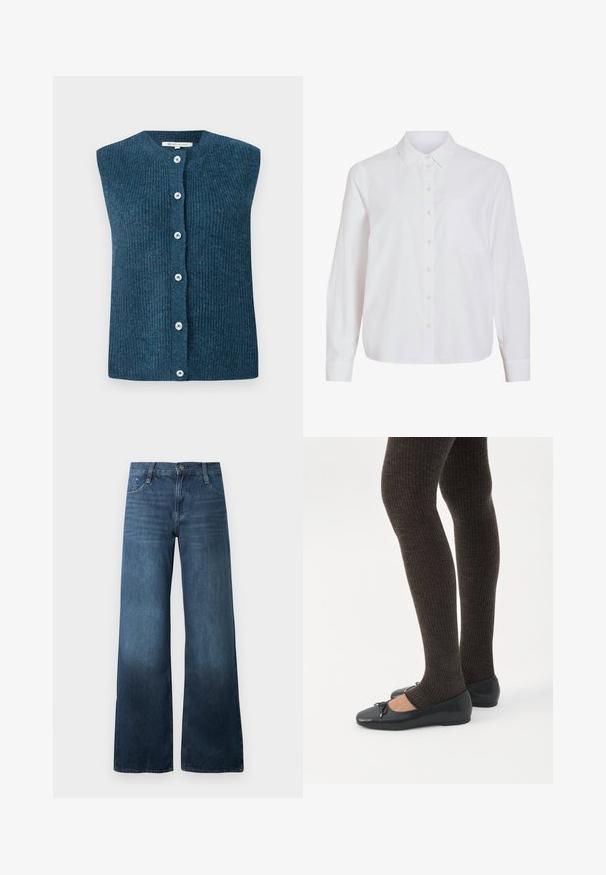 TOM TAILOR DENIM SOFT VEST - Chaleco - dark sea petrol; Camisa blanca de manga larga, con cierre de botones en la parte delantera, cuello clásico, un bolsillo en el pecho, confeccionada con una tela lisa y ligera, con un ajuste relajado.; Jeans de pernera ancha en azul oscuro, fabricados en denim, con una cintura alta, diseño de cinco bolsillos y un sutil desvanecimiento en el dobladillo. Cierre estándar con botón.; Piernas con leggings oscuros acanalados combinados con bailarinas negras que presentan pequeños detalles de lazo sobre un fondo blanco.