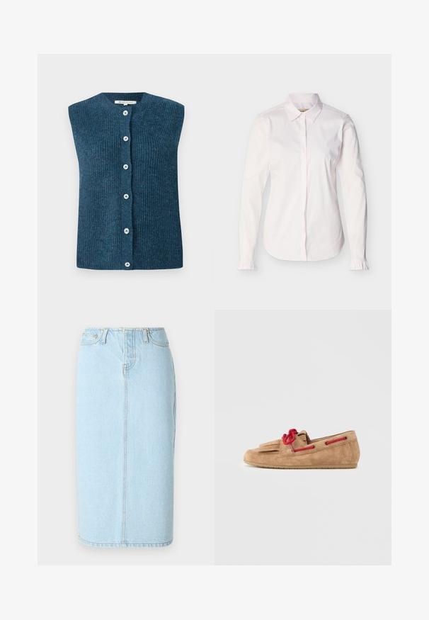 TOM TAILOR DENIM SOFT VEST - Vest - dark sea petrol; Valge naiste pikkade varrukatega särk, millel on terav krae, nähtamatud ees nupud ja väiksed volangid varrukakääristel.; Heledsinine denimpencil-seelik, millel on kõrge talje, viie taskuga disain ja peened õmbluse detailid.; Taniumi seemisnahast mokassiin ümarate varvastega, punaste paelte ja küljeaugudega. Omaduseks on tekstuurse pinnaga ning painduv beež kummitald.