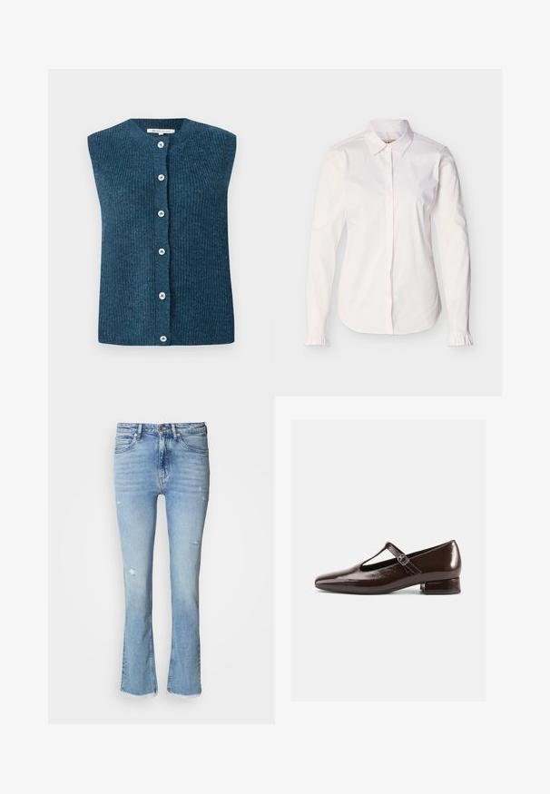 TOM TAILOR DENIM SOFT VEST - Chaleco - dark sea petrol; Camisa blanca de manga larga para mujer con cuello puntiagudo, botones delanteros ocultos y pequeños detalles de volantes en los puños.; Jeans acampanados de mezclilla azul claro con detalles desgastados, cinco bolsillos, cierre de botón y dobladillo deshilachado en los tobillos.; Zapatos Mary Jane de charol marrón con punta redondeada, diseño recortado y una correa ajustable. Tacón bajo y ancho.