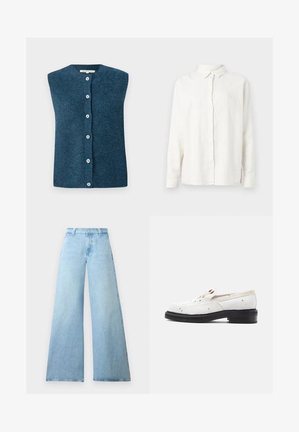 TOM TAILOR DENIM SOFT VEST - Vesta - dark sea petrol; Jednofarebná biela košeľa s dlhým rukávom na gombíky, s klasickým golierom, zobrazená na svetlosivom pozadí.; Svetlo modré džínsy s širokými nohavicami vyrobené z denimu, s vysokým pásom, s gombíkovým zapínaním a piatimi vreckami. Hladká textúra s ležérnym strihom.; Biele slip-on topánky vyrobené z textúrovaného materiálu pripomínajúceho vlasy, s hnedými škvrnami, nízkym čiernym podpätkom a hladkým, minimalistickým dizajnom.