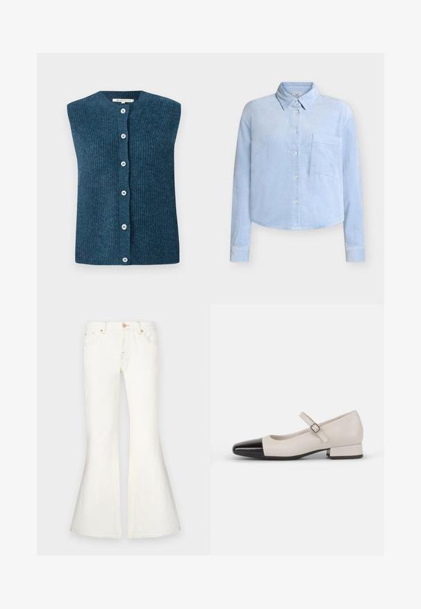 TOM TAILOR DENIM SOFT VEST - Vest - dark sea petrol; Helesinine samettriiksärk klassikalise krae, pikkade varrukate, esitlaskega tasku ja nööpkinnitusega. Omaduseks on tekstureeritud sooniline muster.; Valged flared teksad kõrge vöökohaga, valmistatud denimist. Omadusteks on pealõng ja ees olevad taskud. Sile tekstuur koos struktureeritud disainiga.; Kreemivärvi nahast Mary Jane stiilis kingad musta läikiva toe'ga. Omab ümmargust varvast, pahkluule paelaga vöö, madalat ploki kontsa.